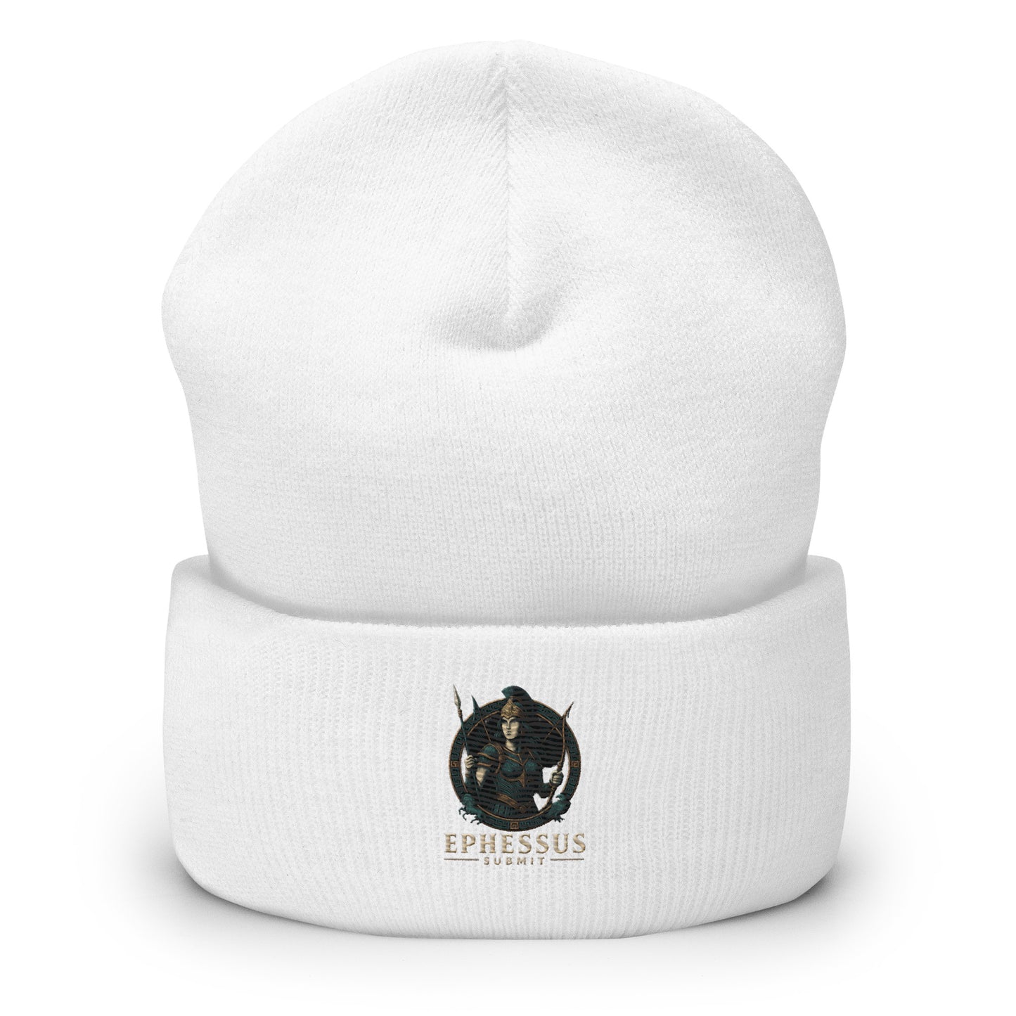 Front view of White Ephessus Athena The Defender Divine Feminine Beanie by Enlight Me Center