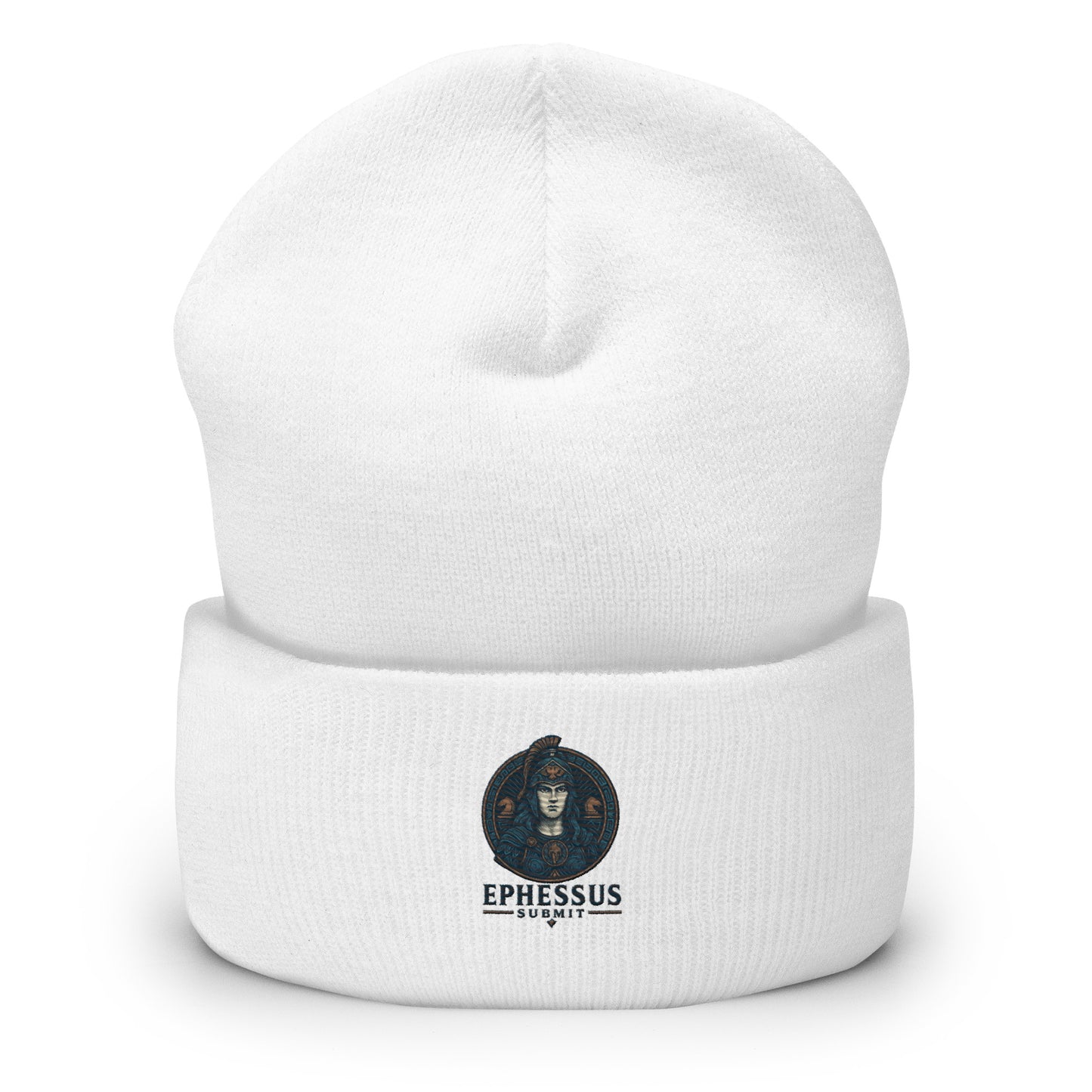 Front view of White Ephessus Athena The Defender Divine Feminine Beanie by Enlight Me Center