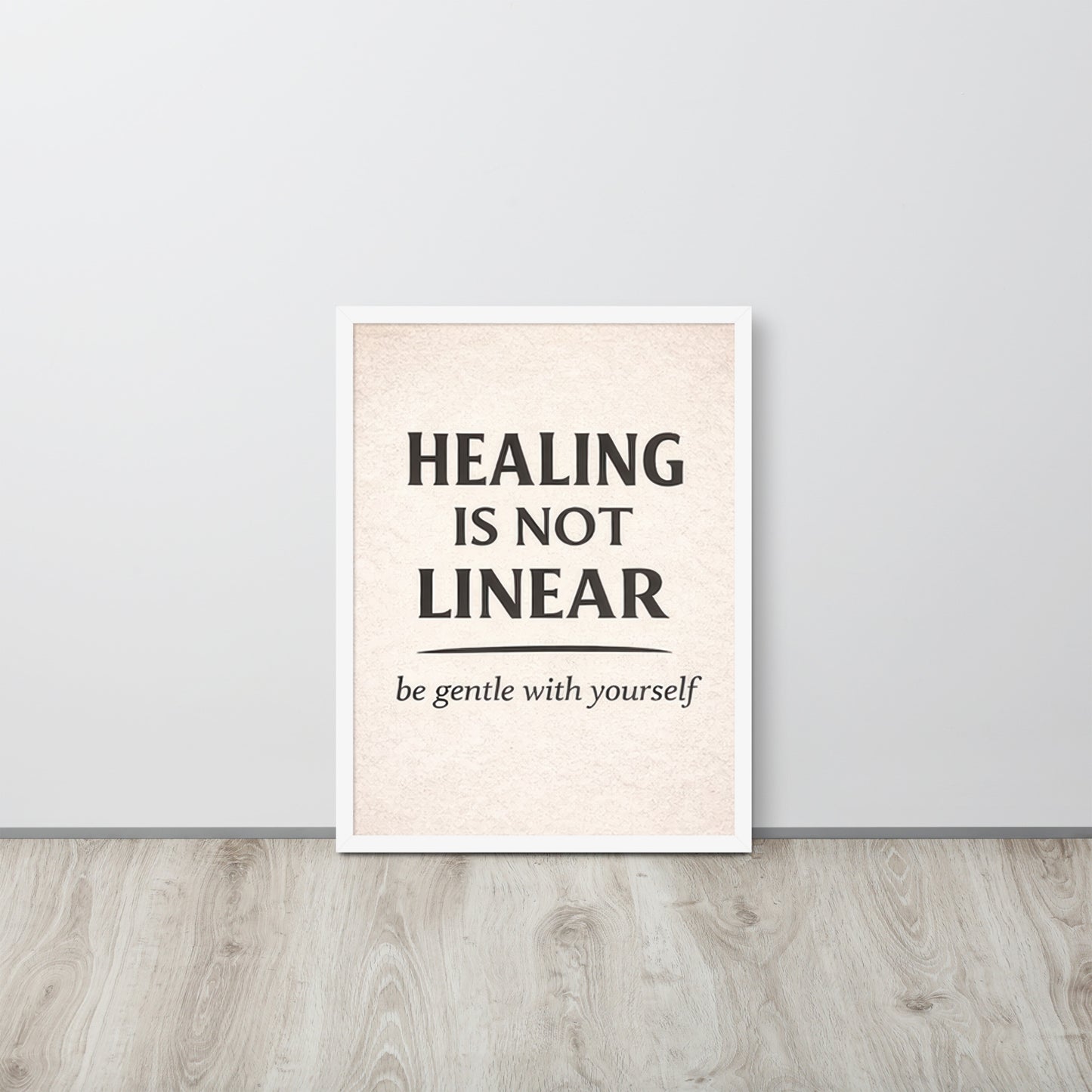 Front view of White Healing is Not Linear Framed Poster by Enlight Me Center