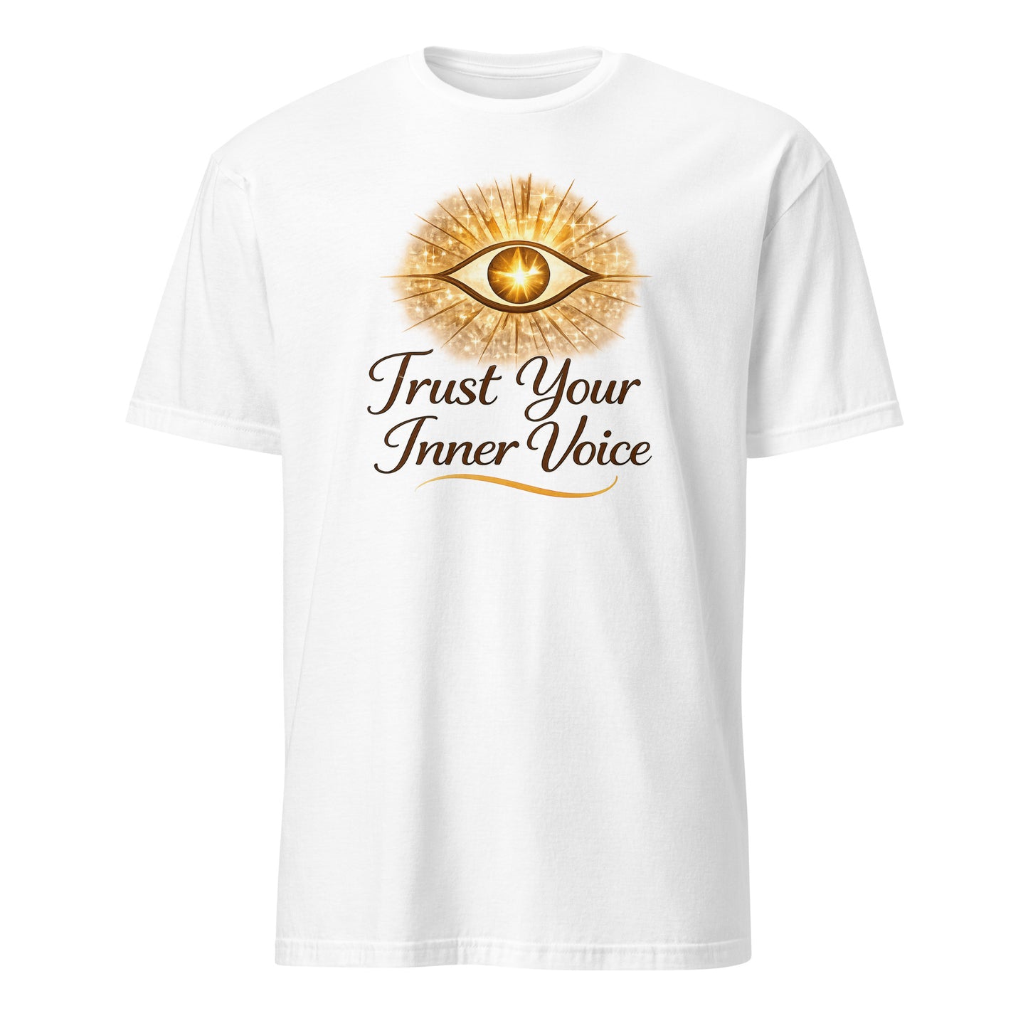 Front view of White Trust Your Inner Voice Spiritual Tee by Enlight Me Center