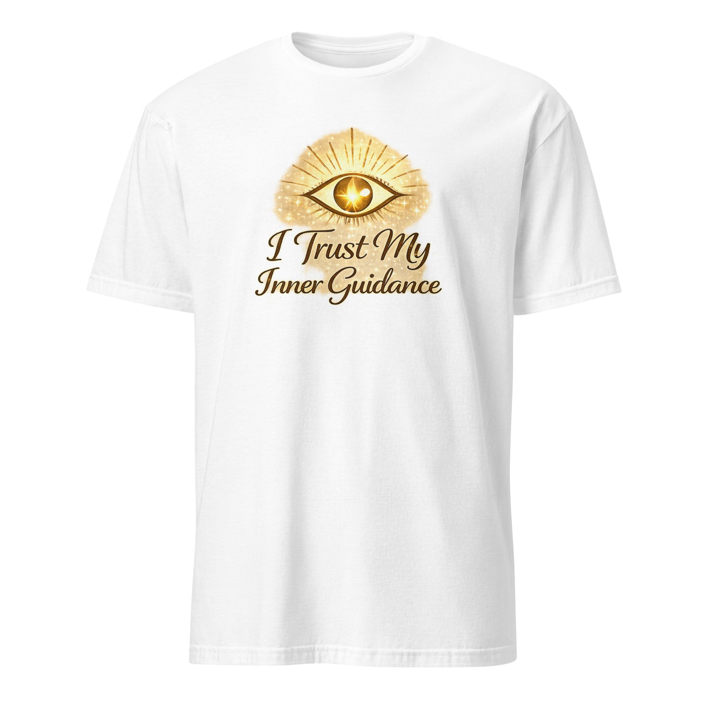 Front view of White I Trust My Inner Guidance Spiritual Tee by Enlight Me Center
