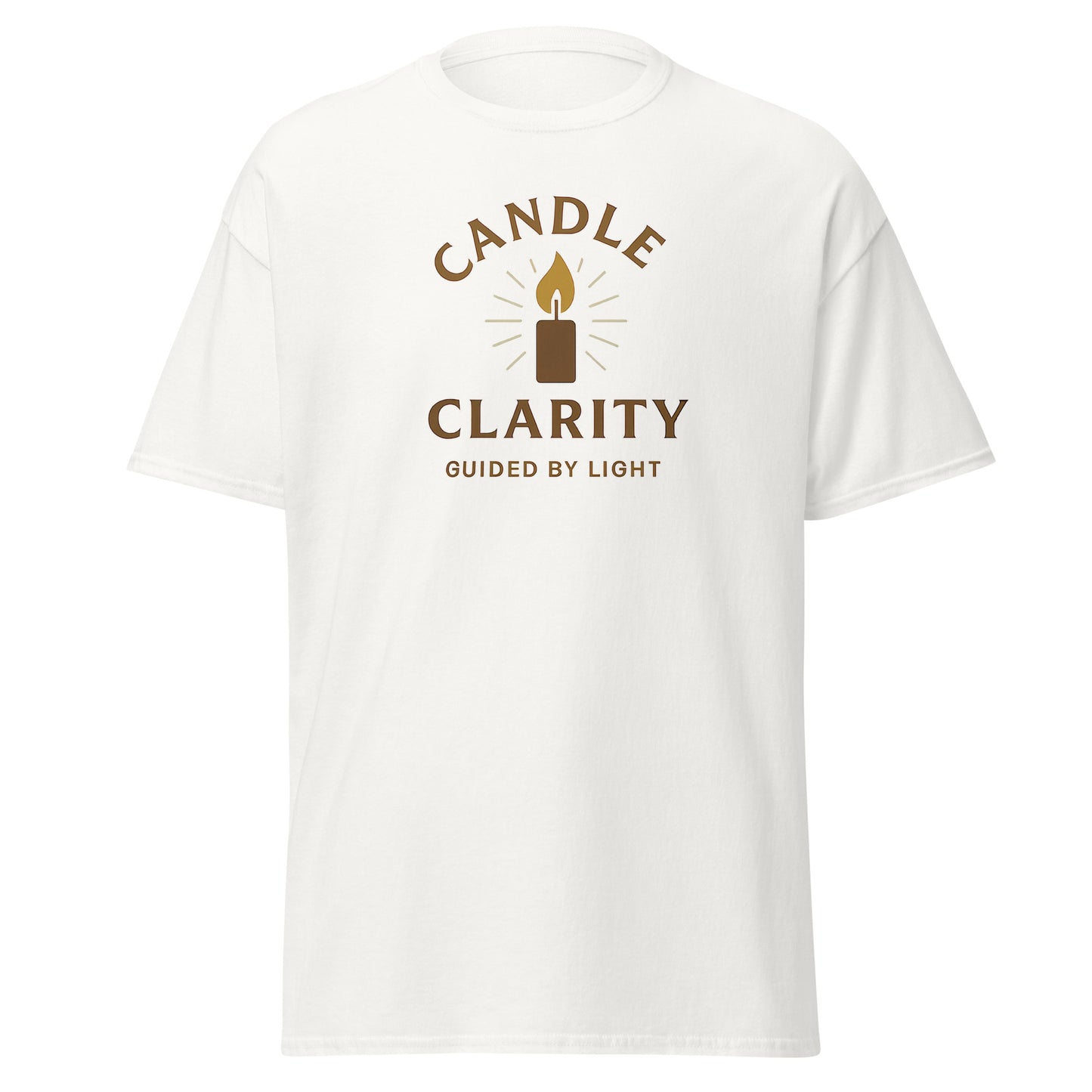 Front view of White Candle Clarity Spiritual Tee by Enlight Me Center