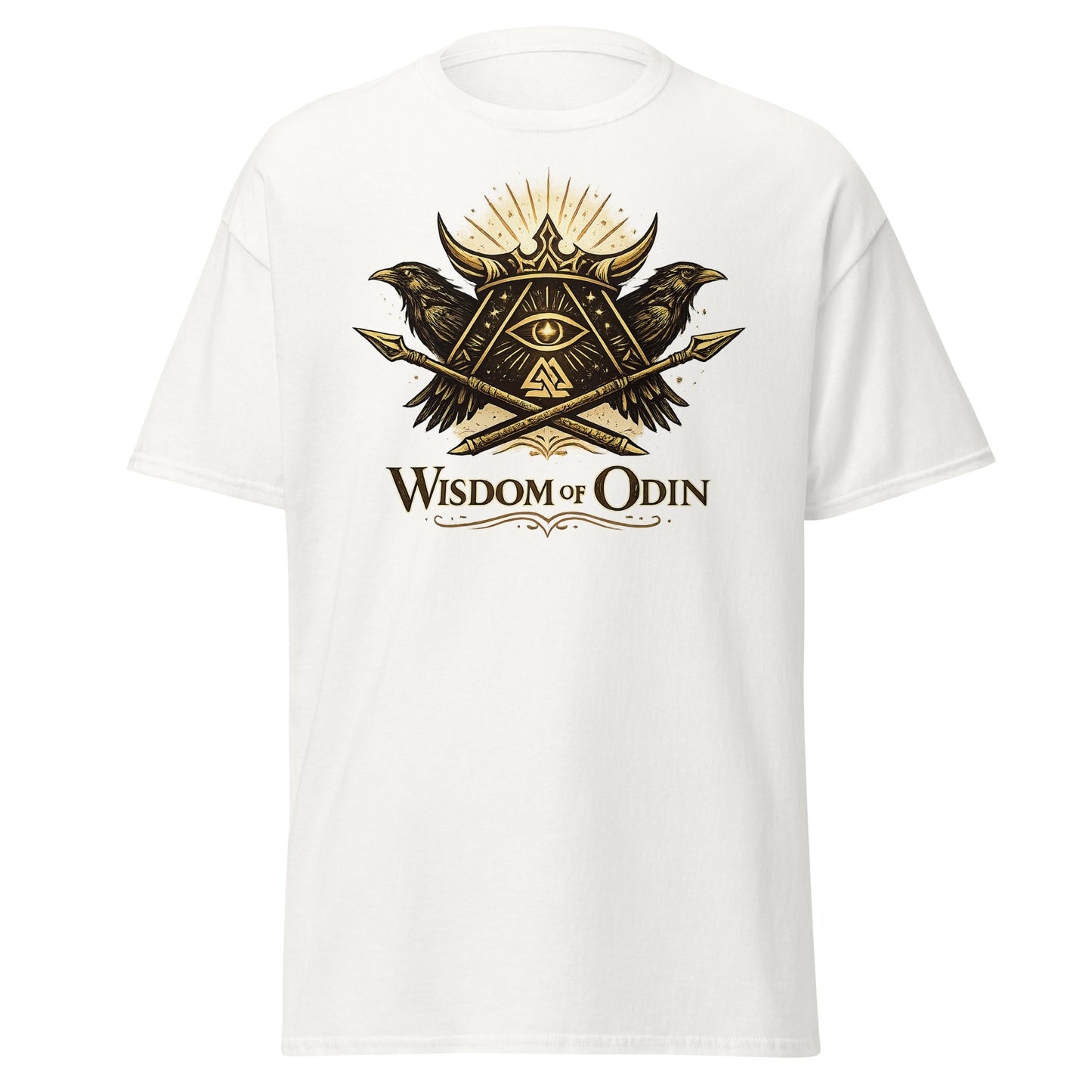 Front view of White Ephessus Wisdom of Odin Norse Warrior Classic Tee by Enlight Me Center