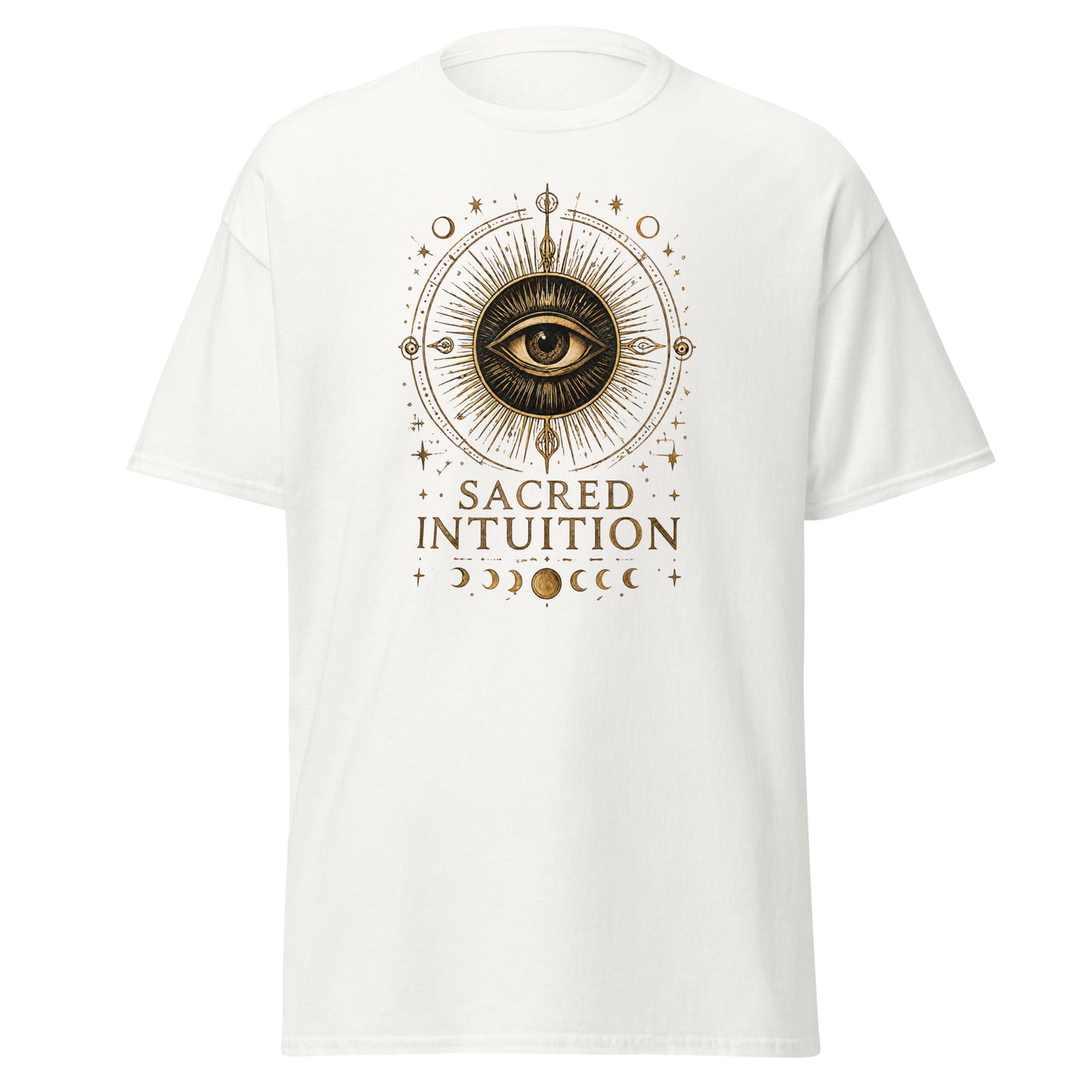 White unisex t-shirt featuring a mystical all-seeing eye illustration surrounded by celestial symbols, moon phases, and sacred geometry details with the phrase “Sacred Intuition.”