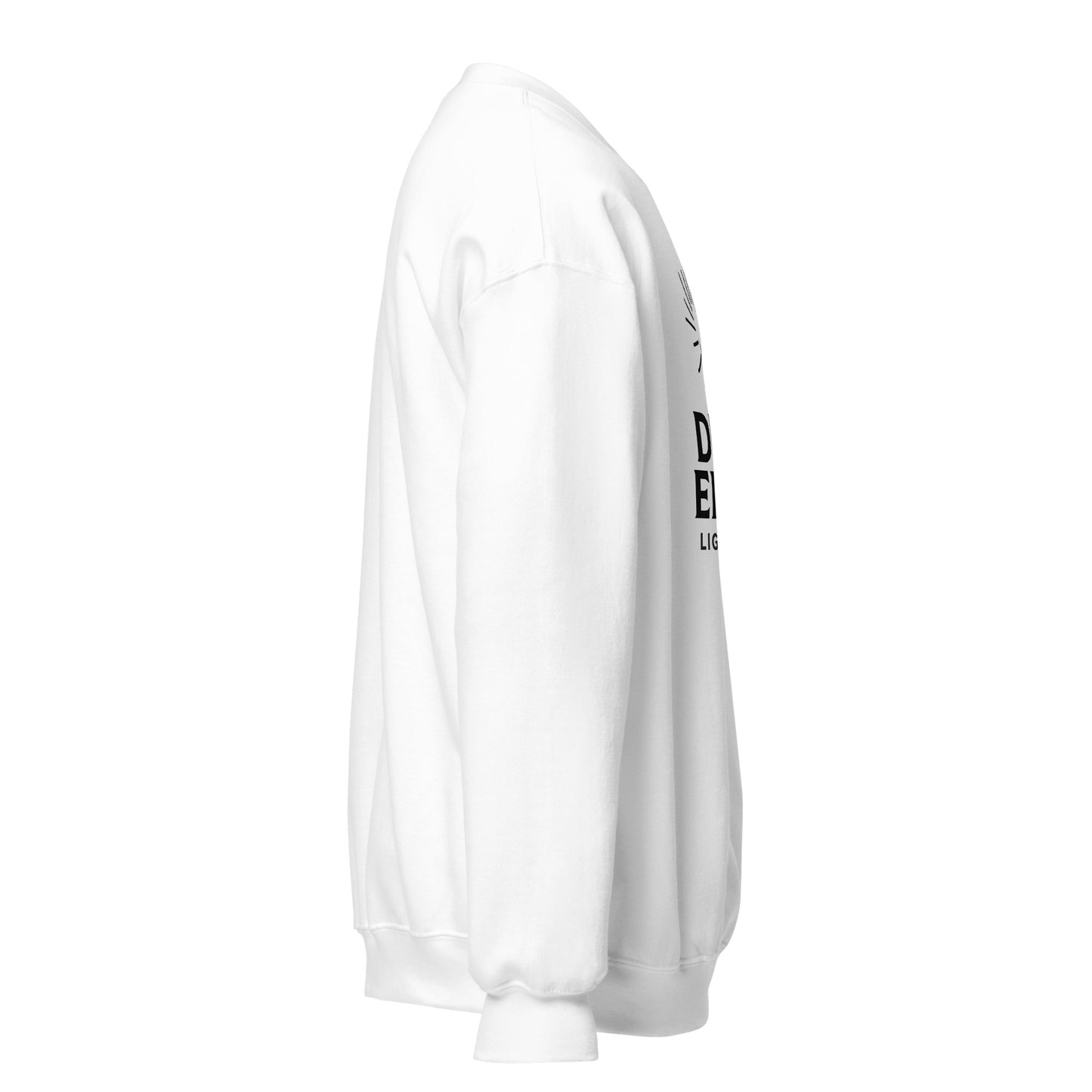 Side view of White Divine Energy Spiritual Sweatshirt by Enlight Me Center