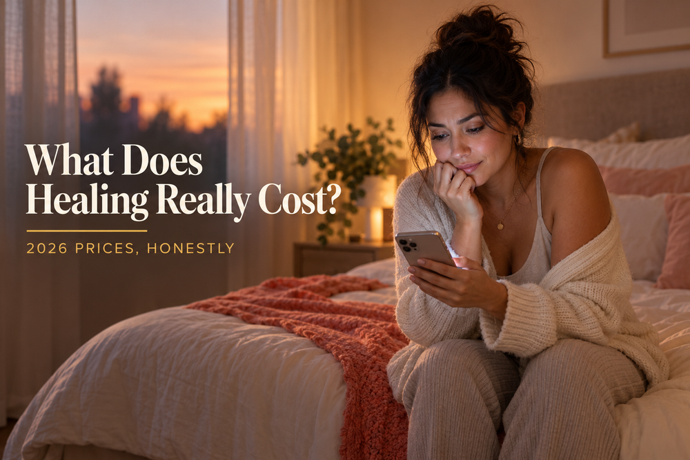 Woman on her bed at dusk checking her phone, wondering what energy healing really costs in 2026