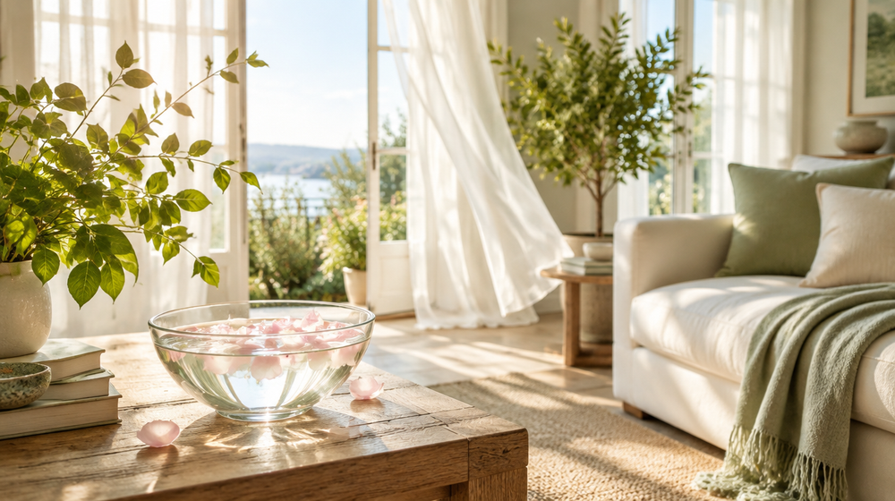 Bright sunlit living room with open windows and fresh plants after clearing negative energy from the home