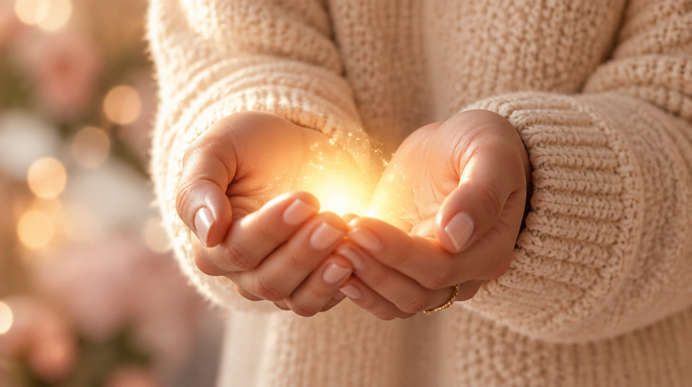 Hands cupped at the heart holding a warm glowing light, symbolising heart wall healing