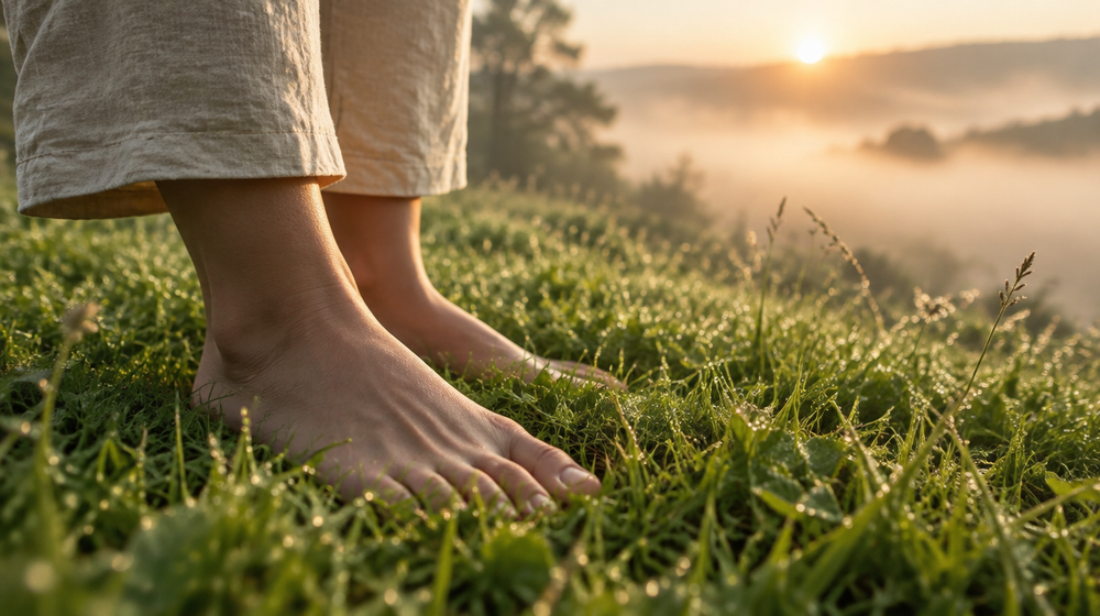Bare feet on dewy grass at sunrise, a simple grounding technique