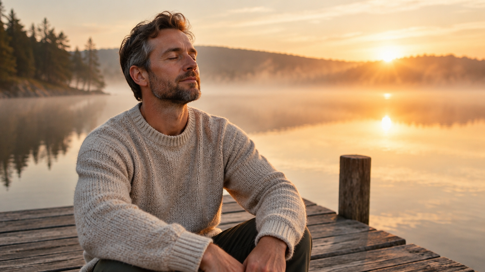 Man sitting peacefully by a misty lake at sunrise after an energy healing session