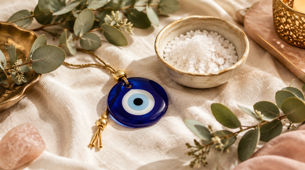 Blue evil eye charm on cream linen with sea salt and eucalyptus for clearing negative energy