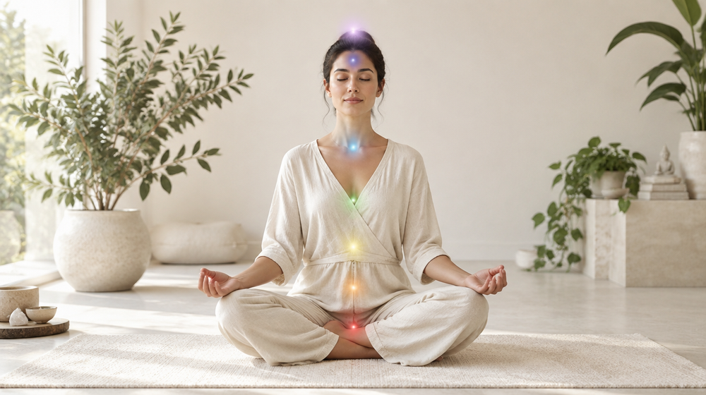 Person meditating with seven softly glowing chakra centres aligned along the spine