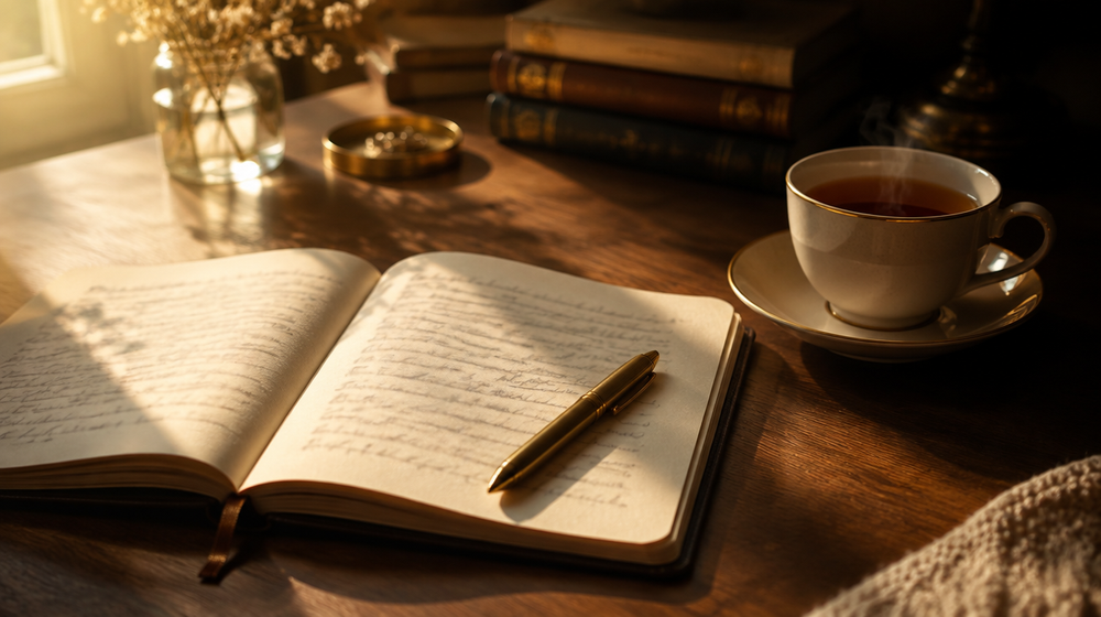 Open journal and tea in light and shadow for beginner shadow work prompts