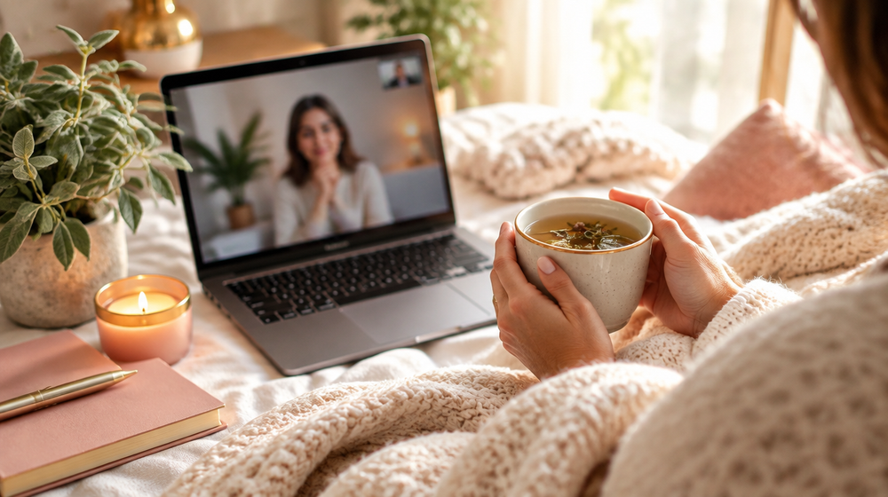 Hands holding a cup of herbal tea beside a laptop in a cosy, sunlit room