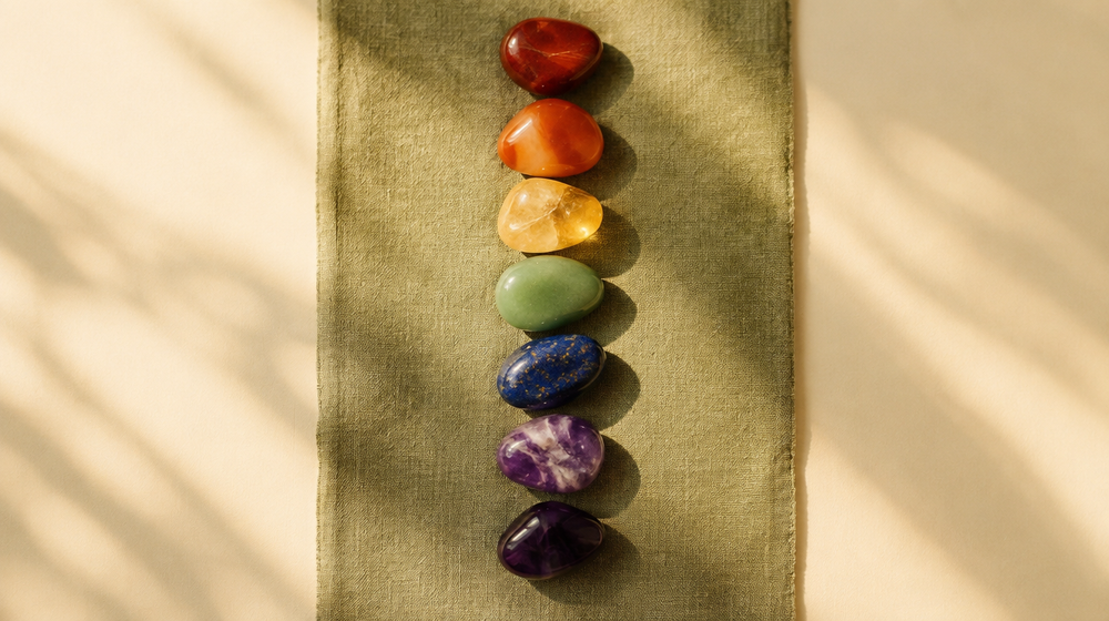 Seven smooth gemstone-coloured stones in a line on sage linen with warm gold light