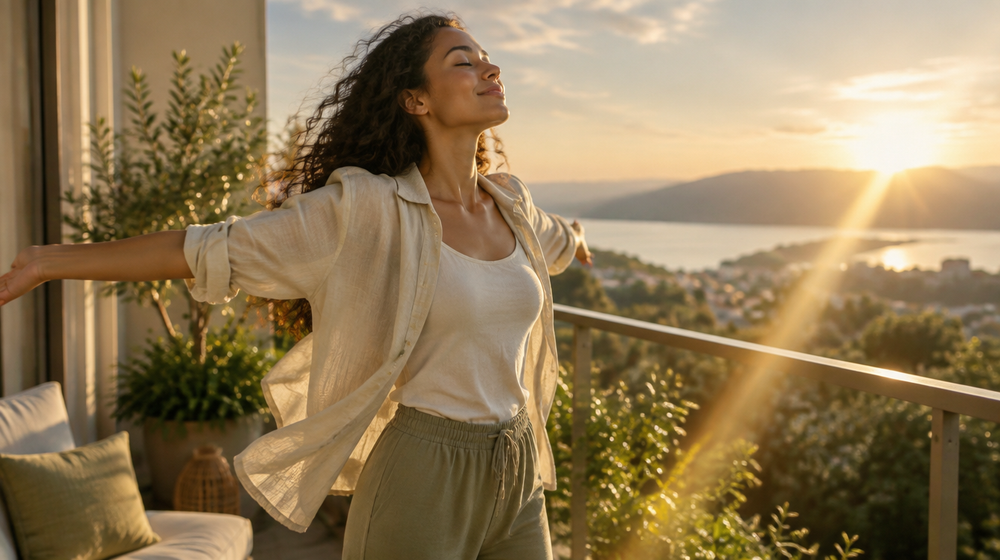 A woman stretching her arms open on a balcony at sunrise, eyes closed, light and free