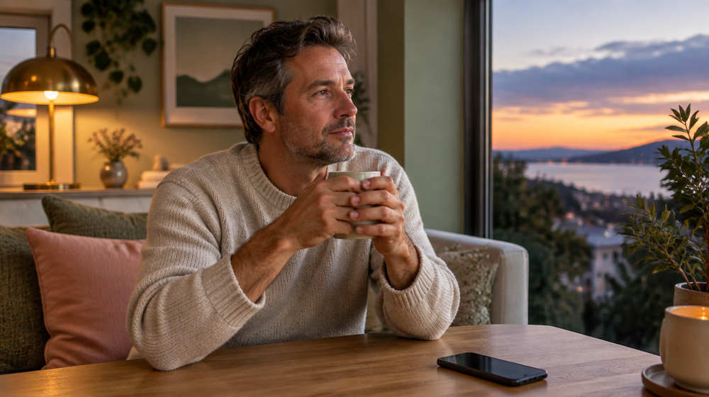 A man by a window at dusk with a warm mug and his phone face-down