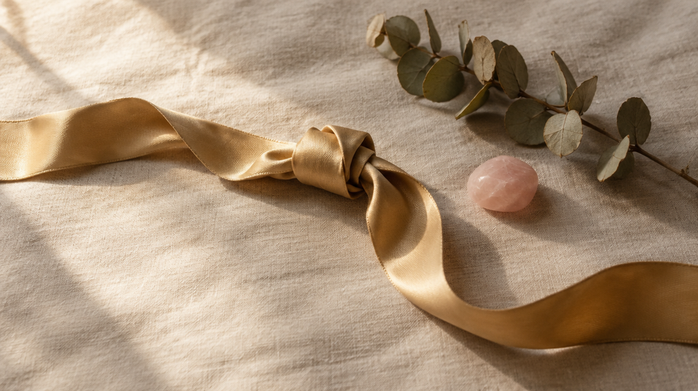 A loosely knotted gold ribbon on cream linen with eucalyptus and a blush stone