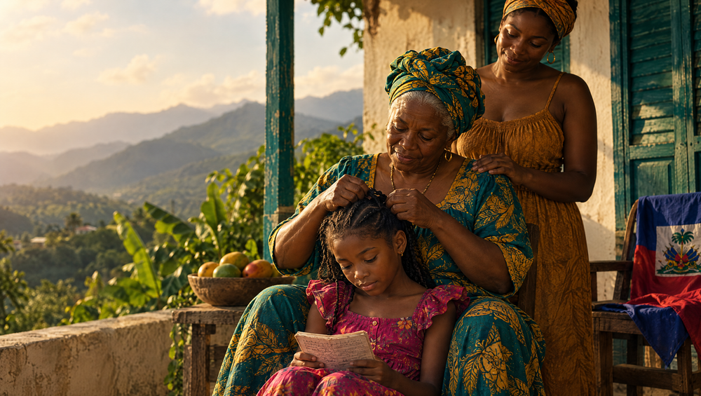 Three generations on a Haitian porch at golden hour: a grandmother braiding her granddaughter's hair while the mother stands behind them, mountains in the distance