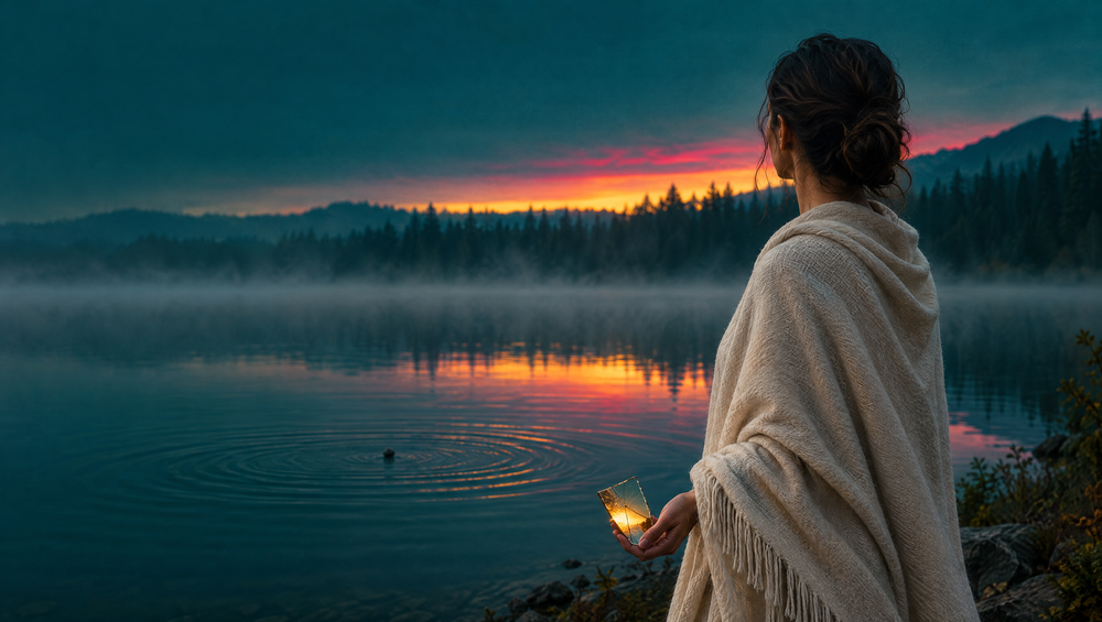 A woman at the edge of a still lake at dawn, her reflection broken by ripples, holding a cracked piece of mirror: betrayal turning into clarity