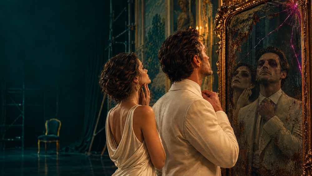 A man and a woman in cream evening wear each admiring their own reflection in a cracked gilded mirror, the ballroom behind them revealed as painted scenery on scaffolding: the narcissist's illusion