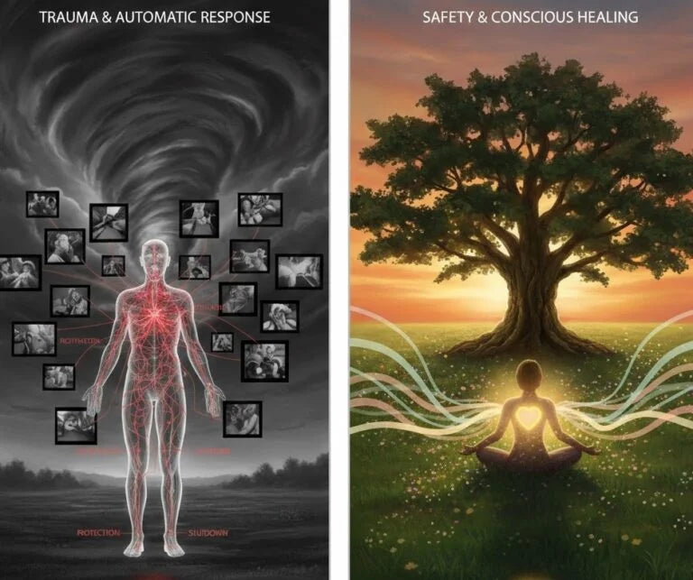 Soft healing light representing trauma recovery without reliving the past