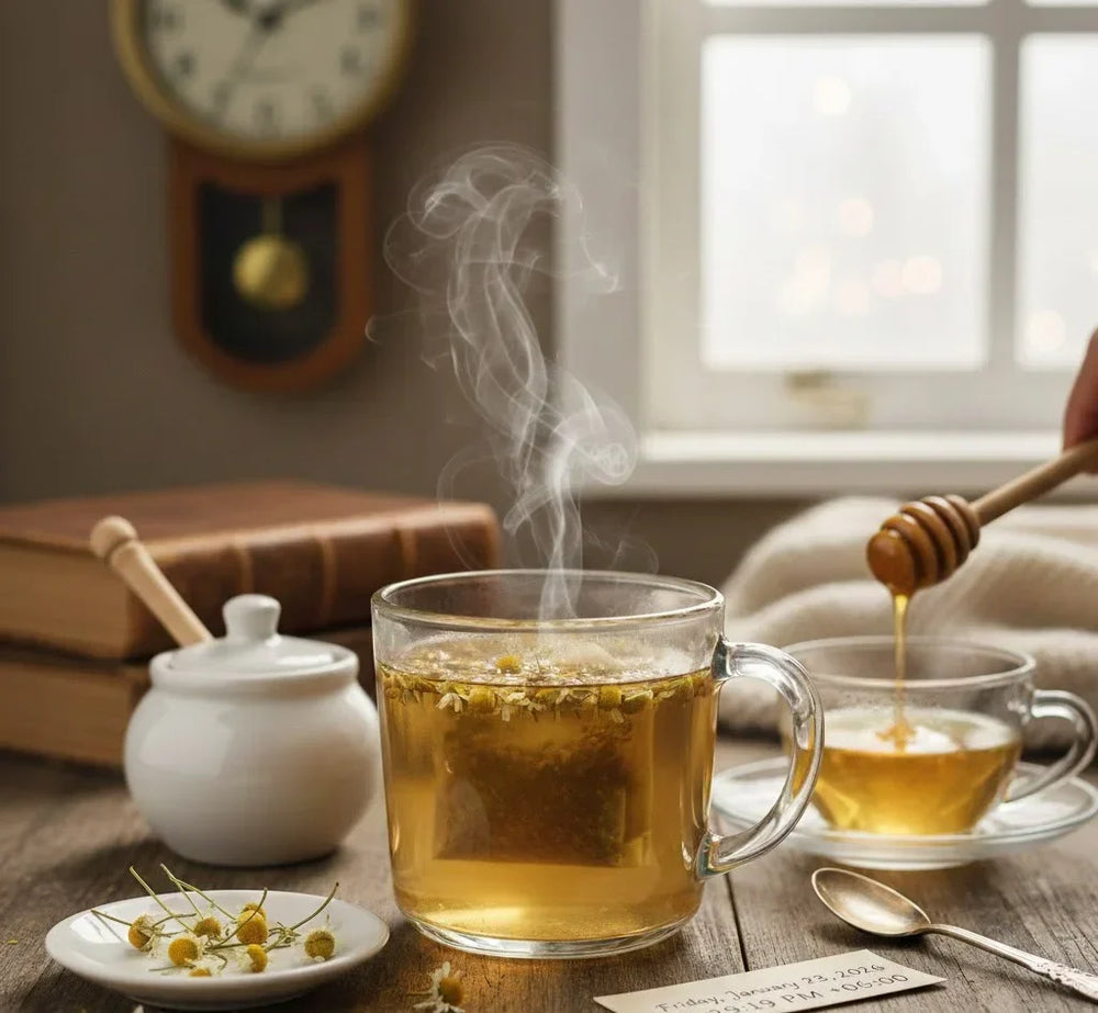 Chamomile flowers and tea cup representing natural herbal healing and calming wellness rituals