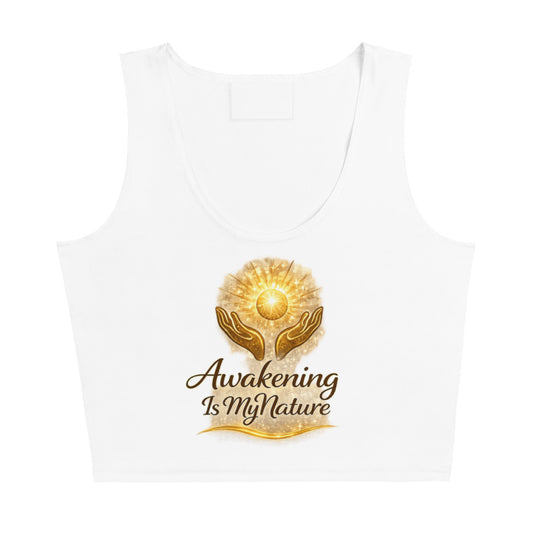 Front view of White Awakening is My Nature Spiritual Crop Top by Enlight Me Center
