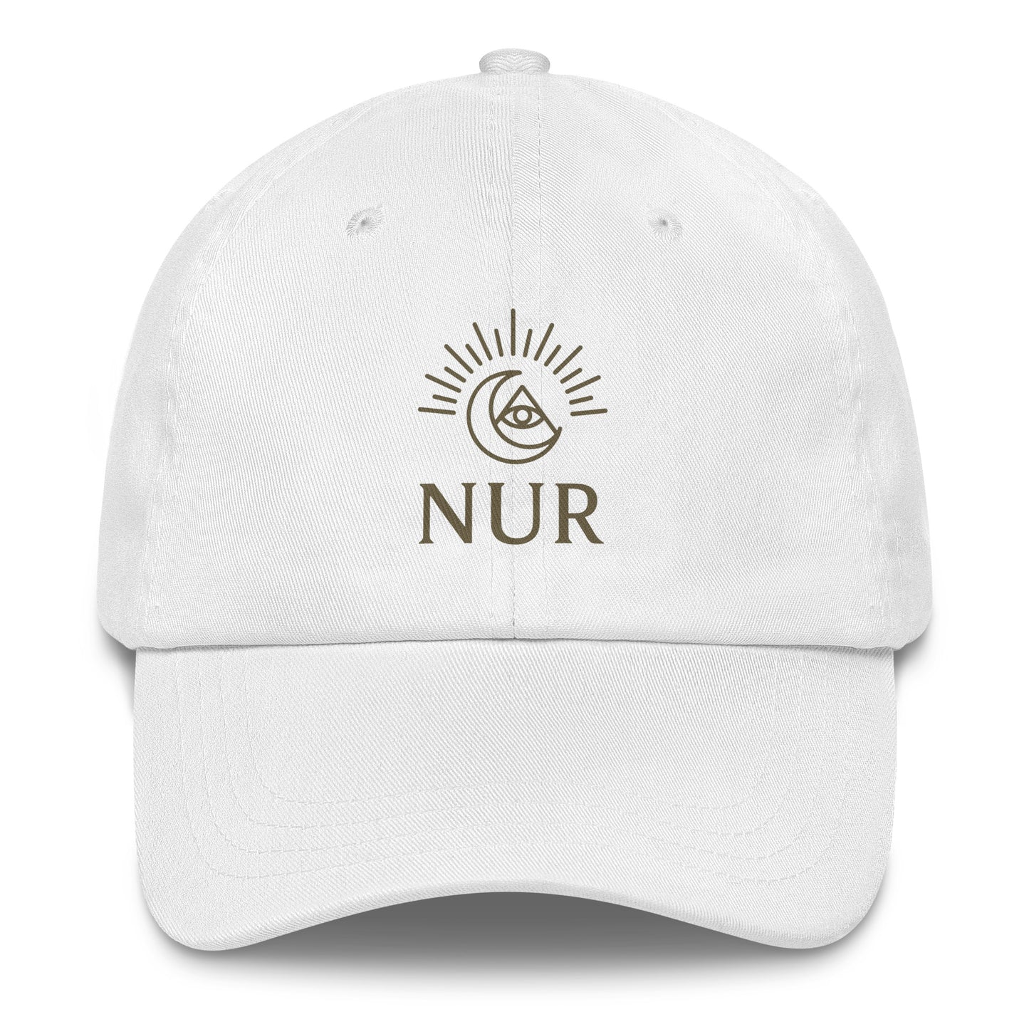 Front view of White NUR Spiritual Hat by Enlight Me Center