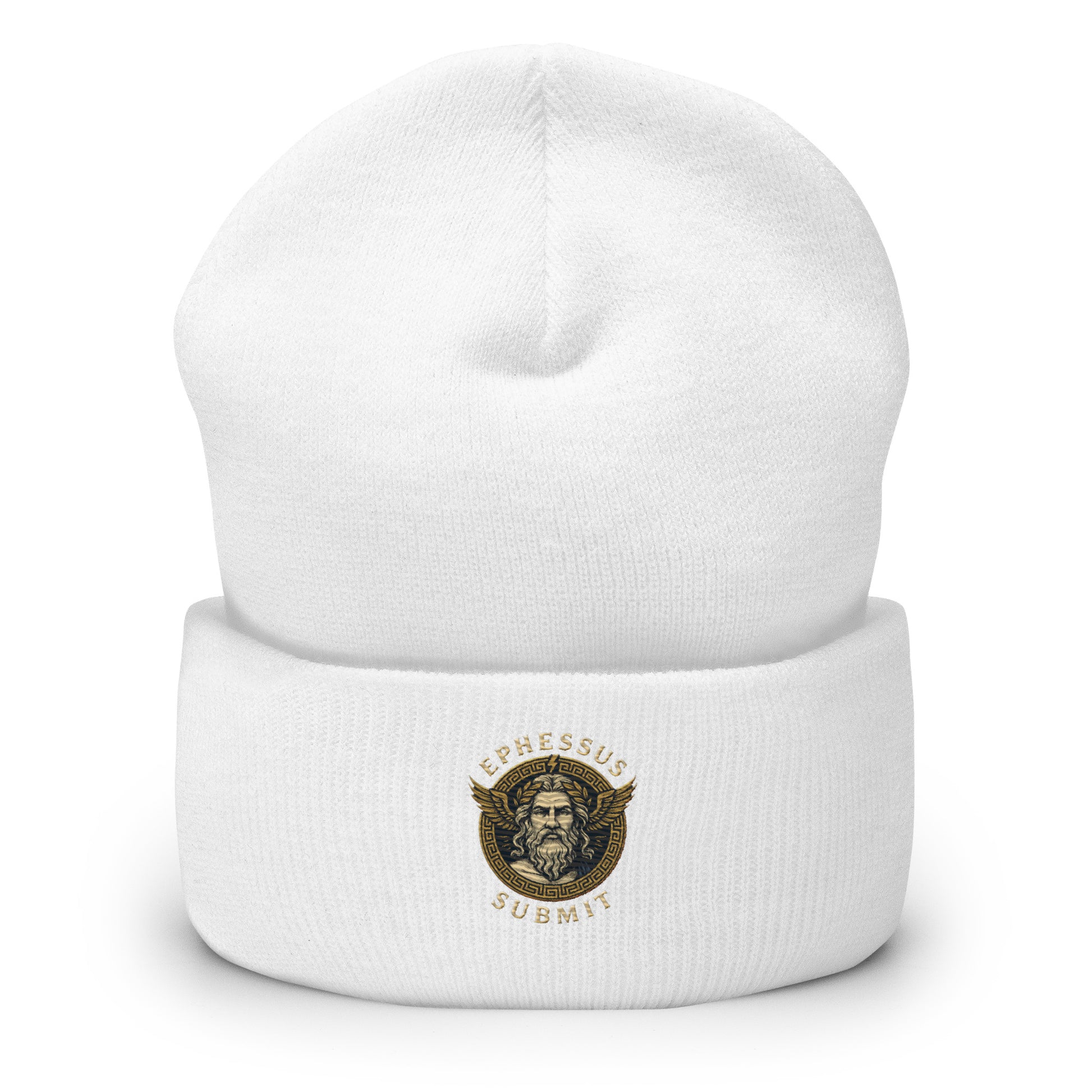 Front view of White Ephessus Zeus The Thunder King Mythology Beanie by Enlight Me Center
