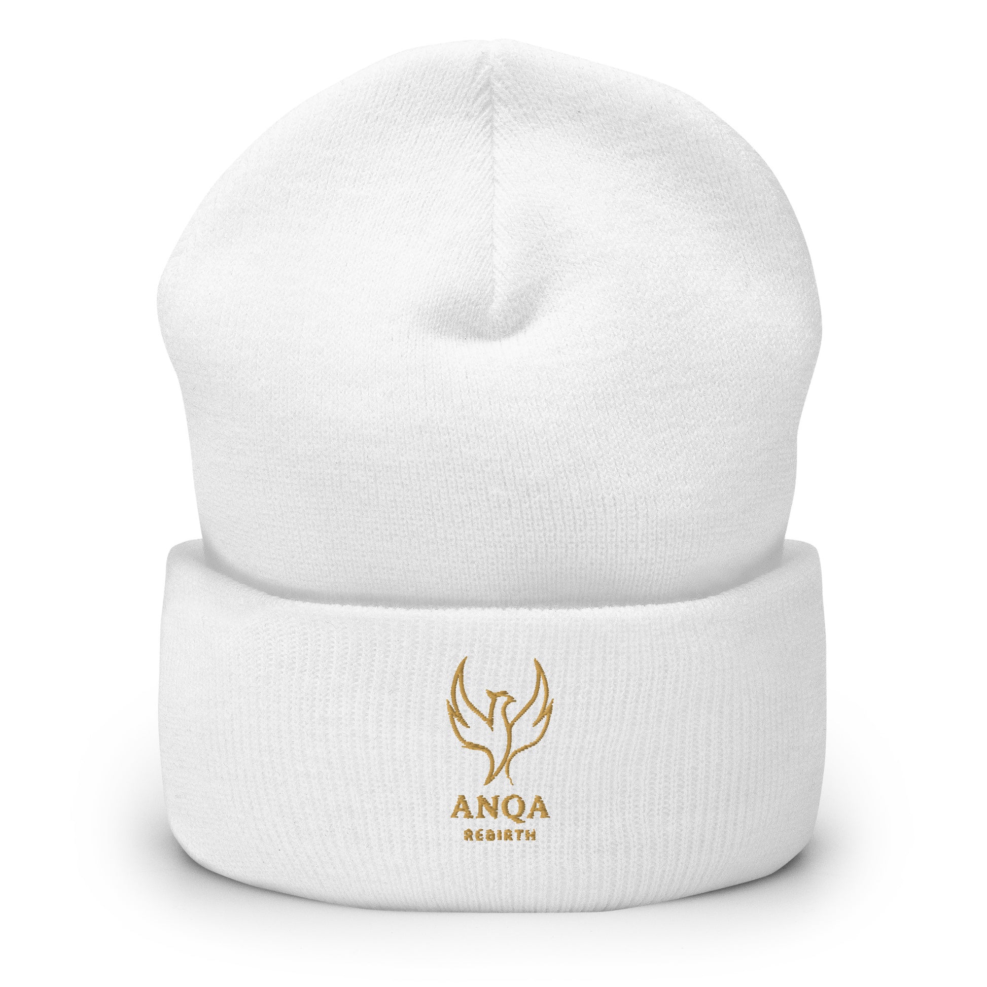 Front view of White ANQA Rebirth Cuffed Spiritual Beanie by Enlight Me Center