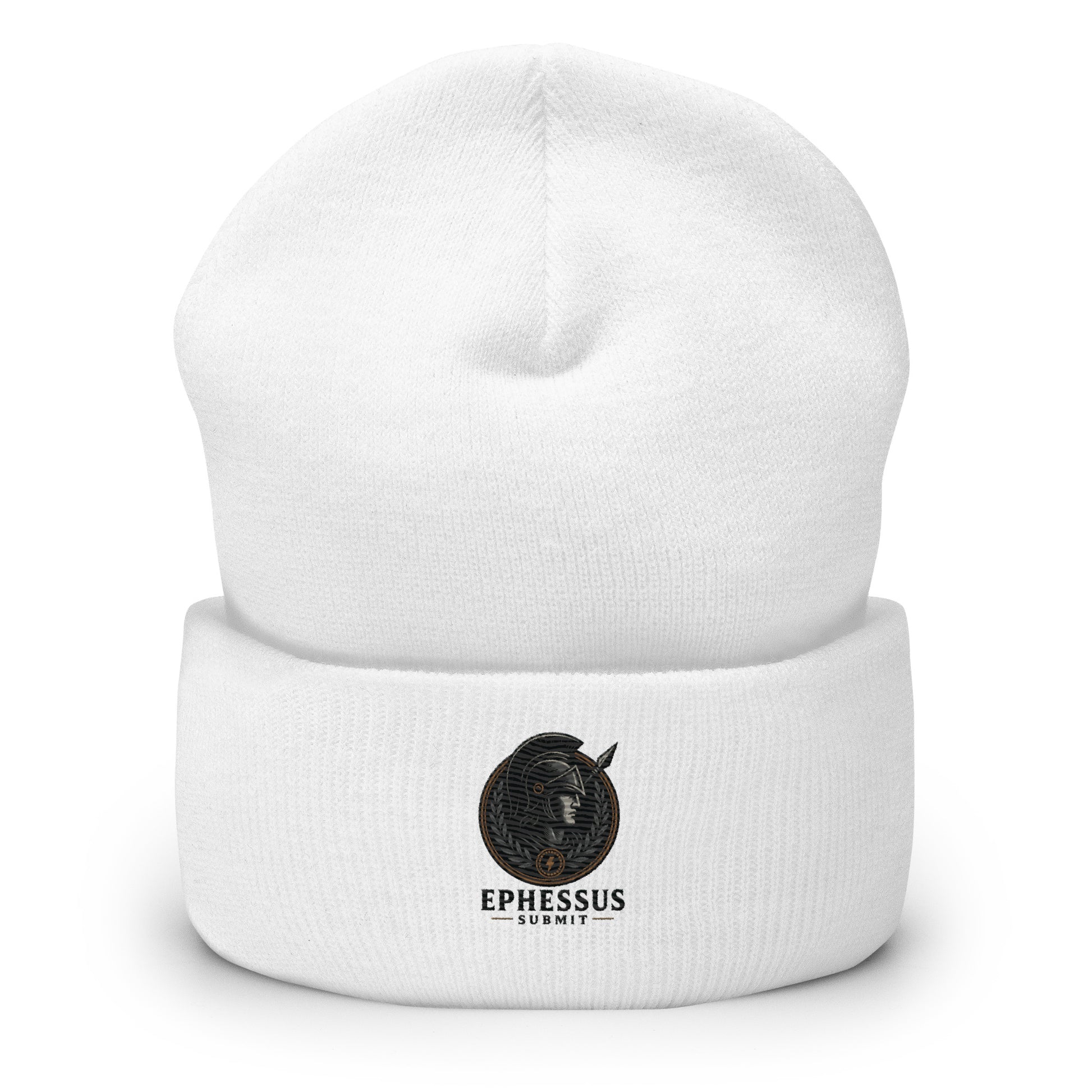 Front view of White Ephessus Athena Eternal Warrior Divine Feminine Beanie by Enlight Me Center