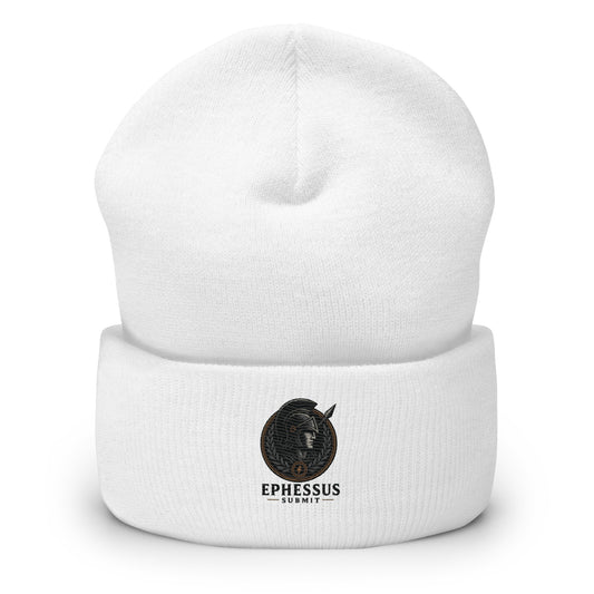 Front view of White Ephessus Athena Eternal Warrior Divine Feminine Beanie by Enlight Me Center
