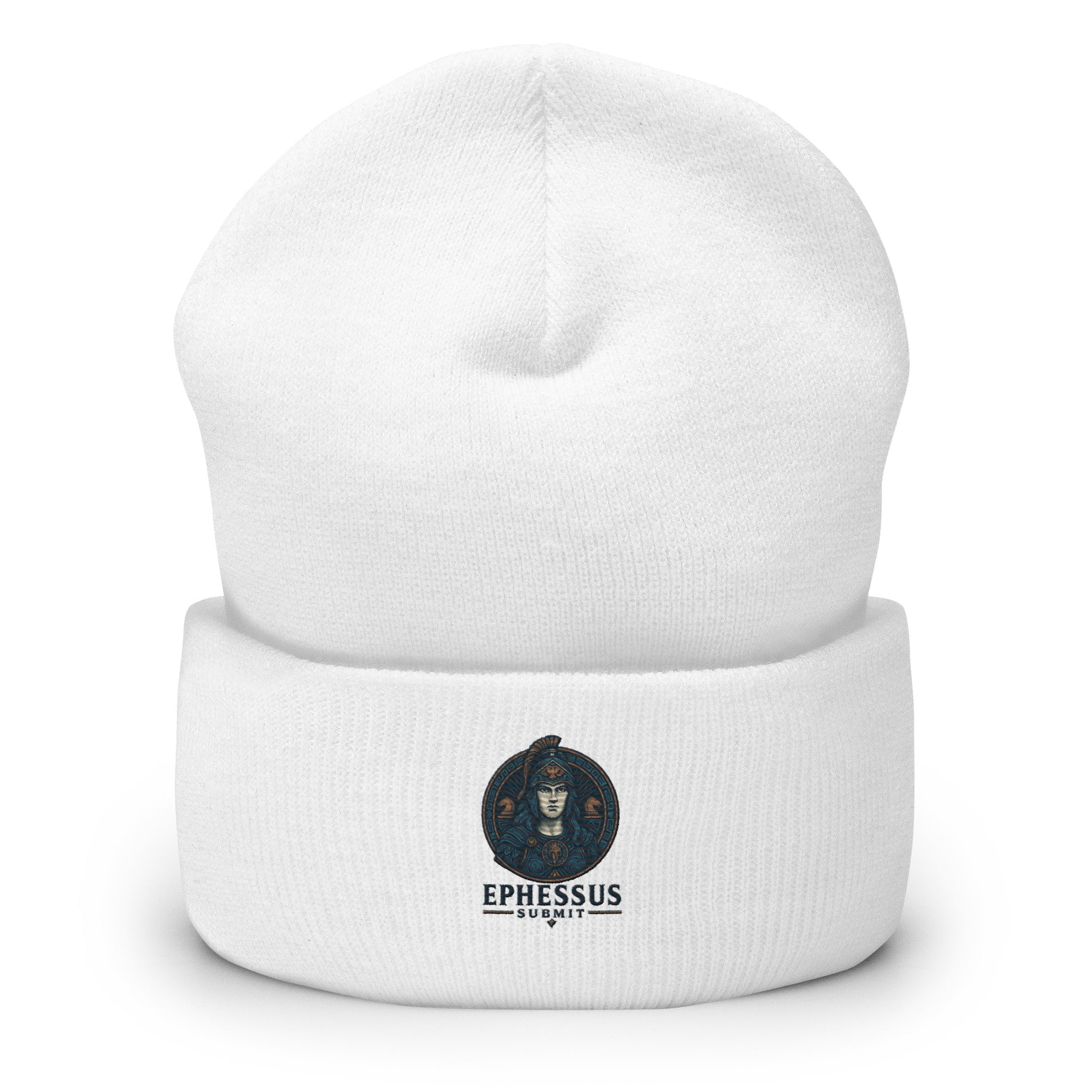 Front view of White Ephessus Athena The Defender Divine Feminine Beanie by Enlight Me Center