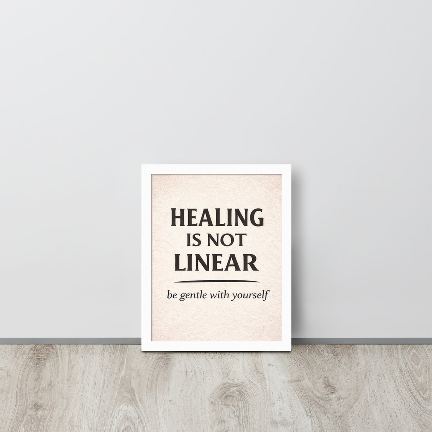 Front view of White Healing is Not Linear Framed Poster by Enlight Me Center