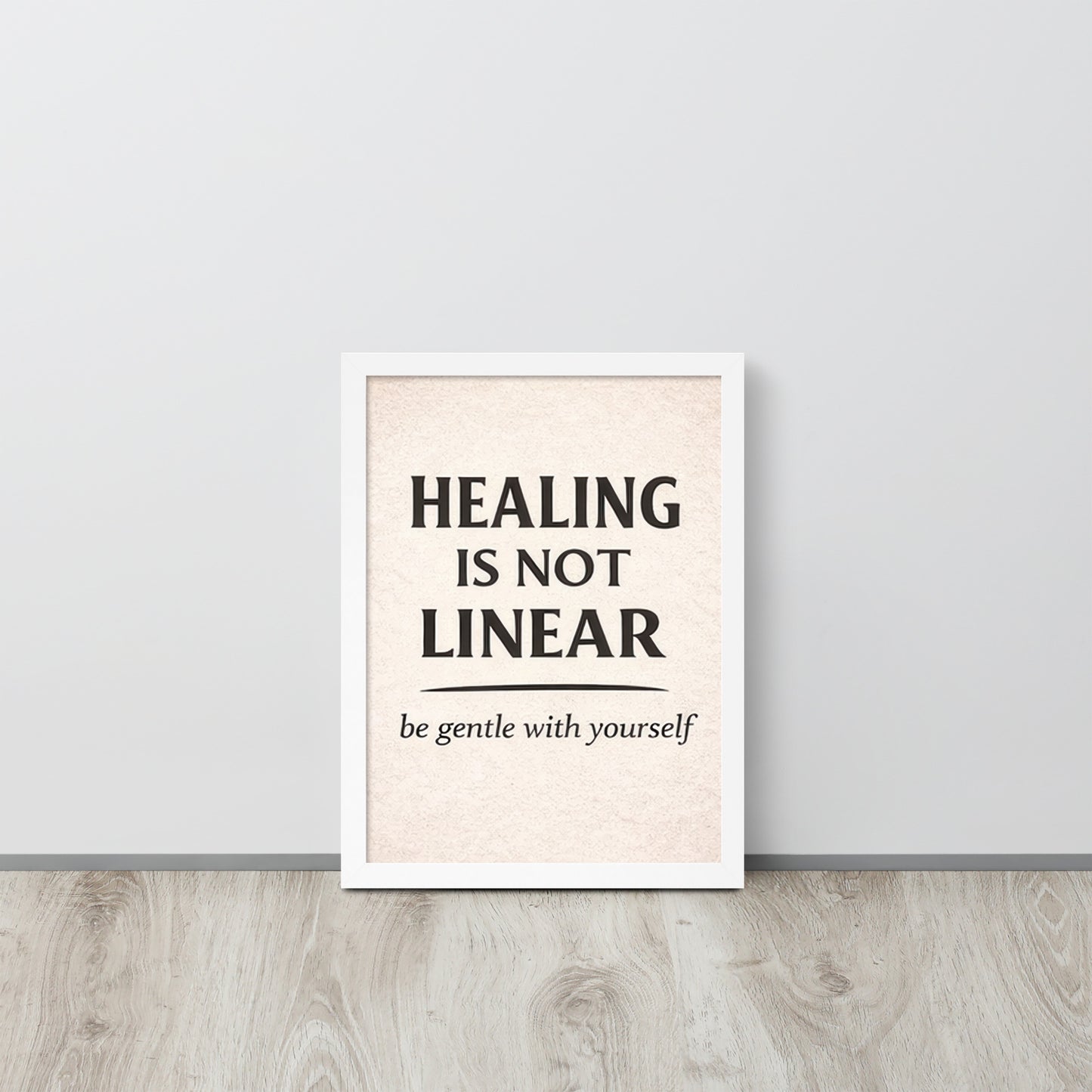 Front view of White Healing is Not Linear Framed Poster by Enlight Me Center