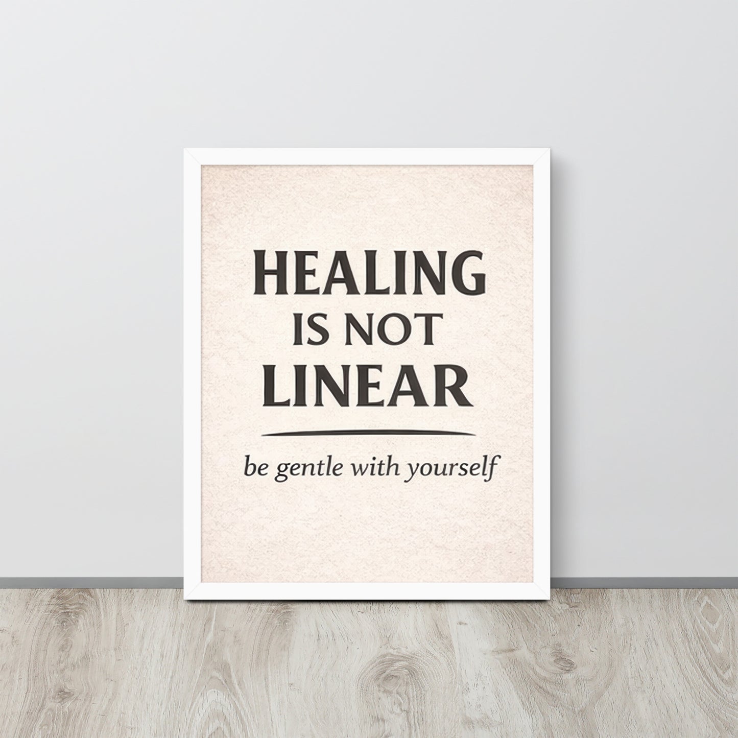 Front view of White Healing is Not Linear Framed Poster by Enlight Me Center