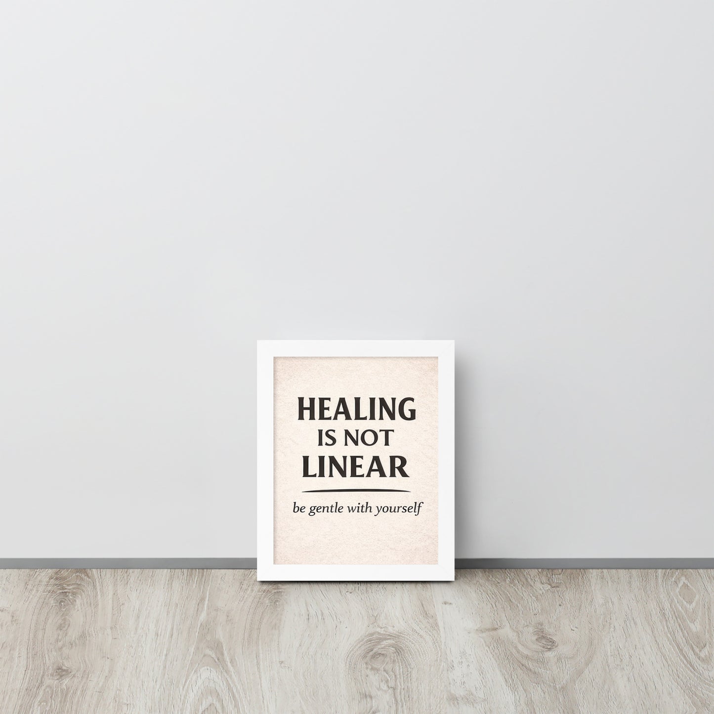 Front view of White Healing is Not Linear Framed Poster by Enlight Me Center