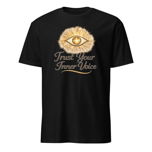 Front view of Black Trust Your Inner Voice Spiritual Tee by Enlight Me Center