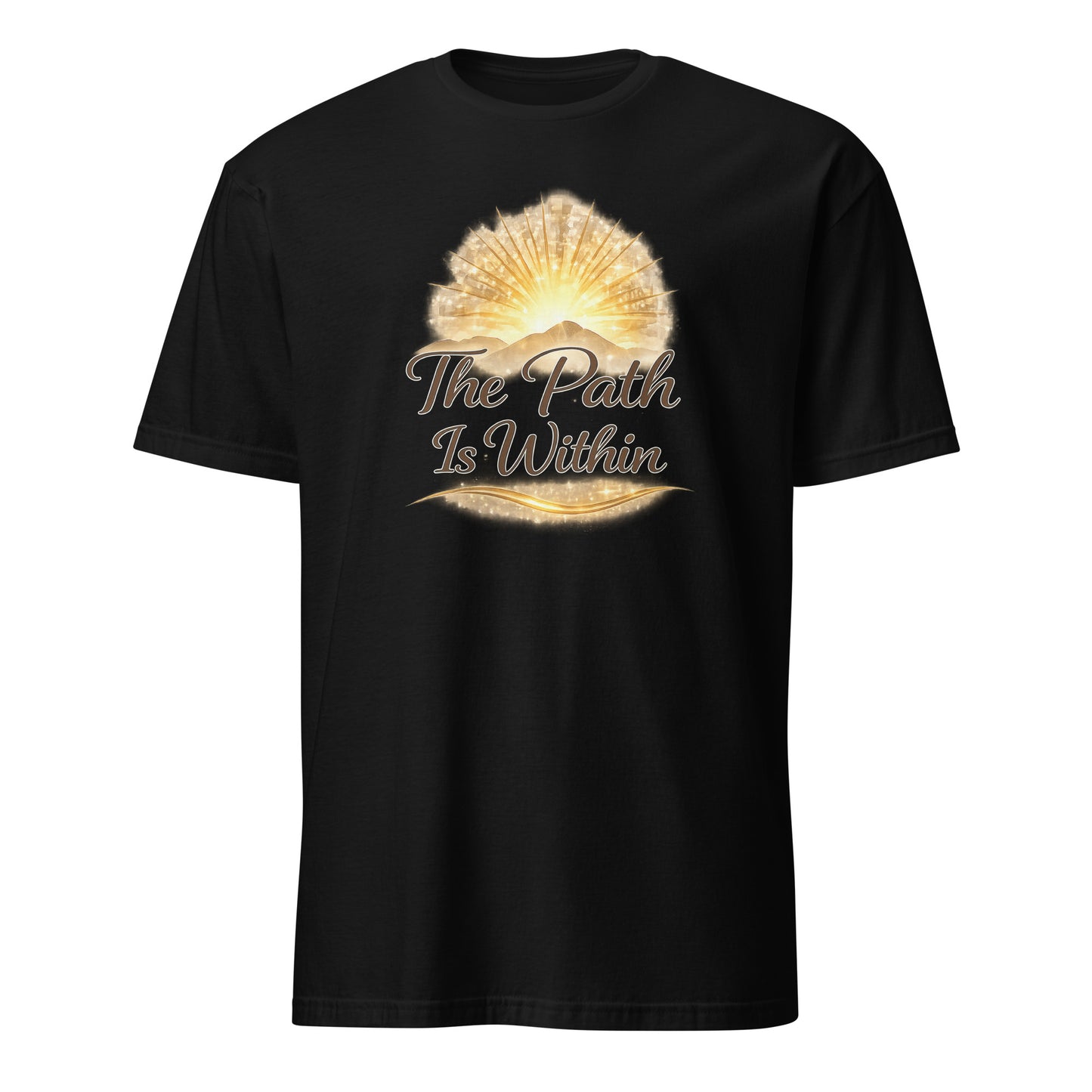 Front view of Black The Path is Within Spiritual Tee by Enlight Me Center