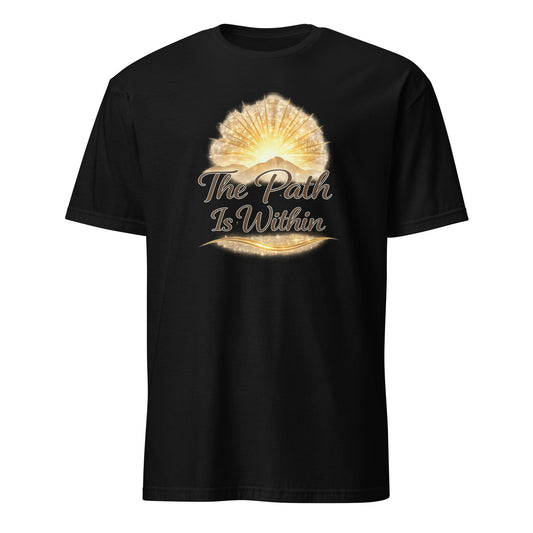 Front view of Black The Path is Within Spiritual Tee by Enlight Me Center
