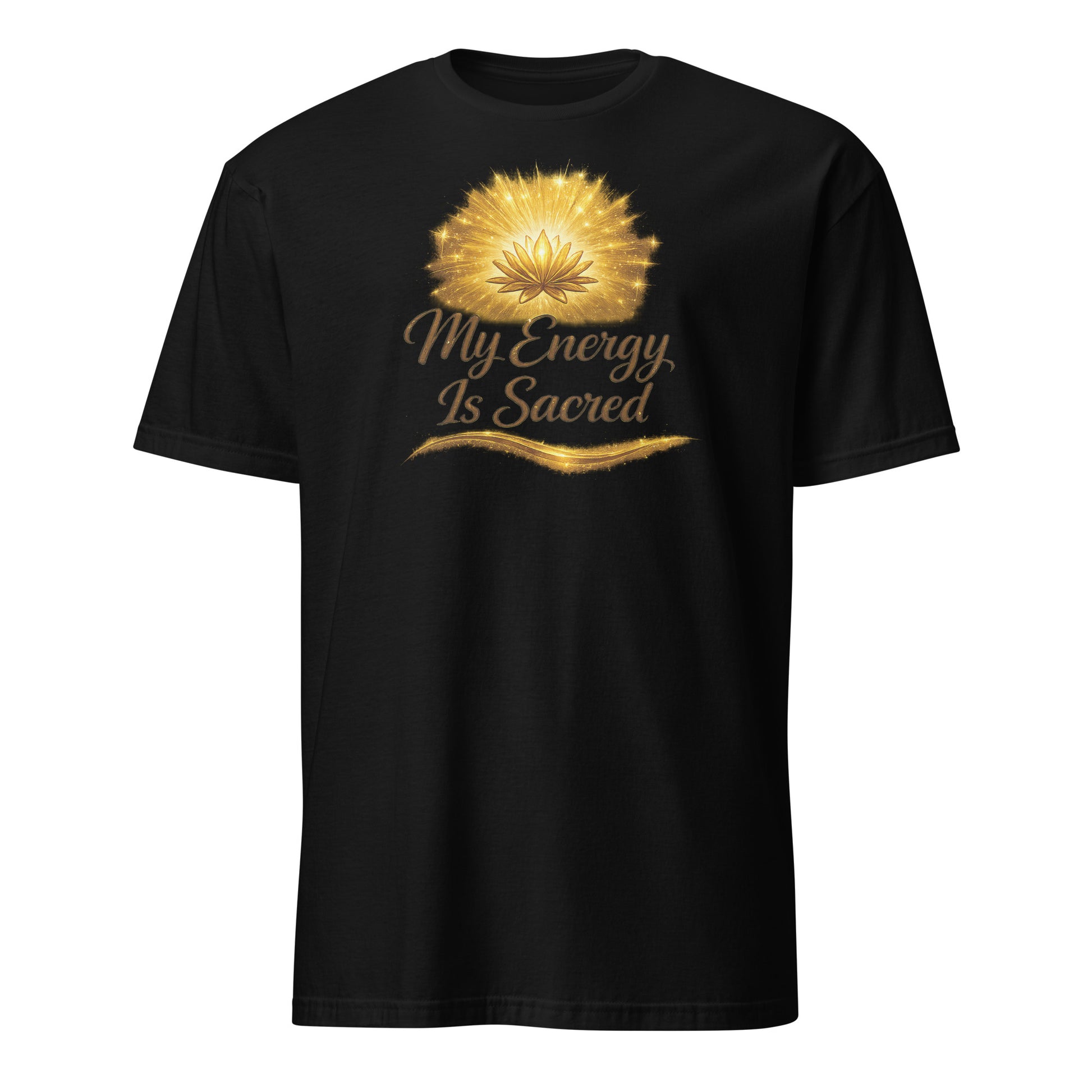 Front view of Black My Energy is Sacred Spiritual Tee by Enlight Me Center