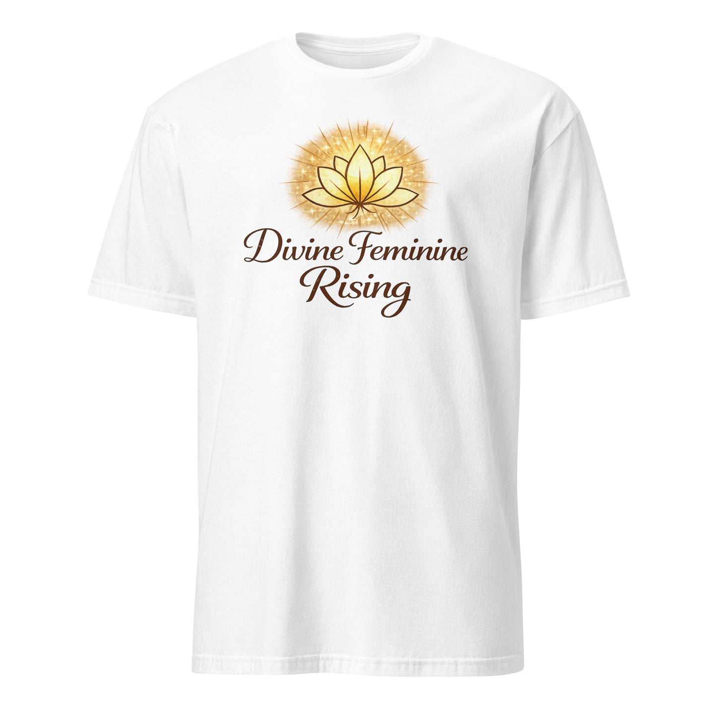 Front view of White Divine Feminine Rising Spiritual Tee by Enlight Me Center