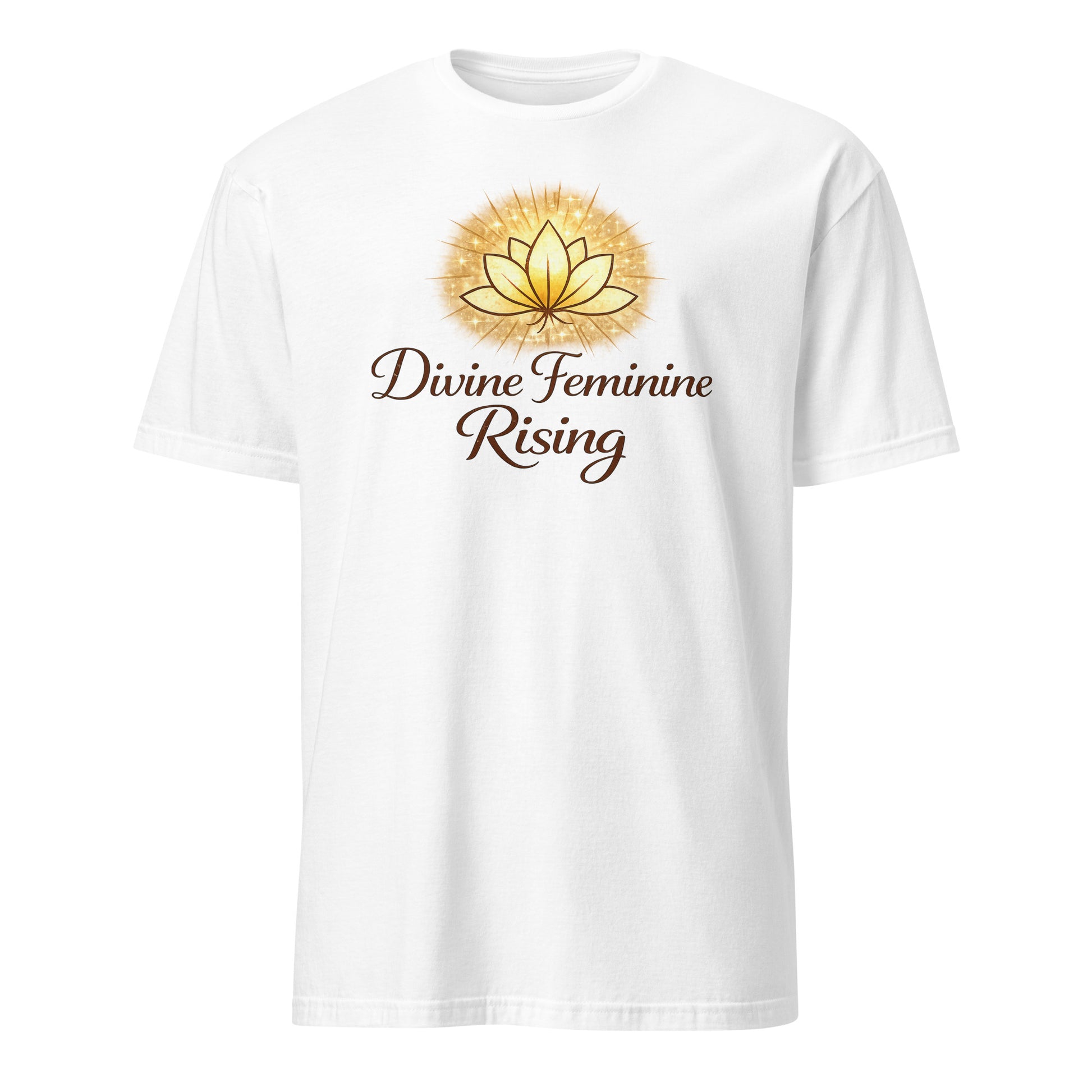 Front view of White Divine Feminine Rising Spiritual Tee by Enlight Me Center