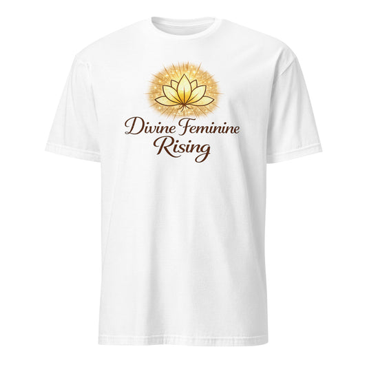 Front view of White Divine Feminine Rising Spiritual Tee by Enlight Me Center