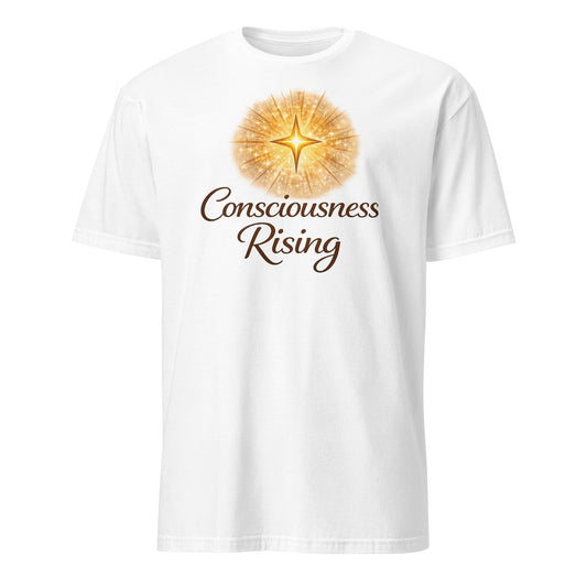 Front view of White Consciousness Rising Spiritual Tee by Enlight Me Center