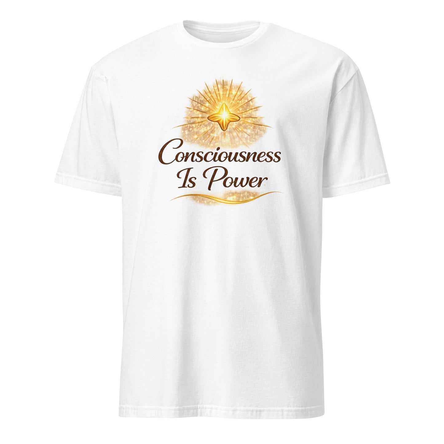 Front view of White Consciousness is Power Spiritual Tee by Enlight Me Center
