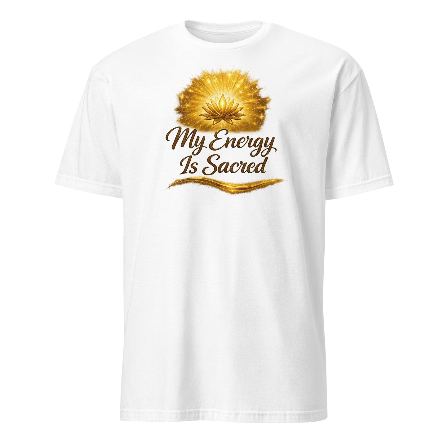 Front view of White My Energy is Sacred Spiritual Tee by Enlight Me Center