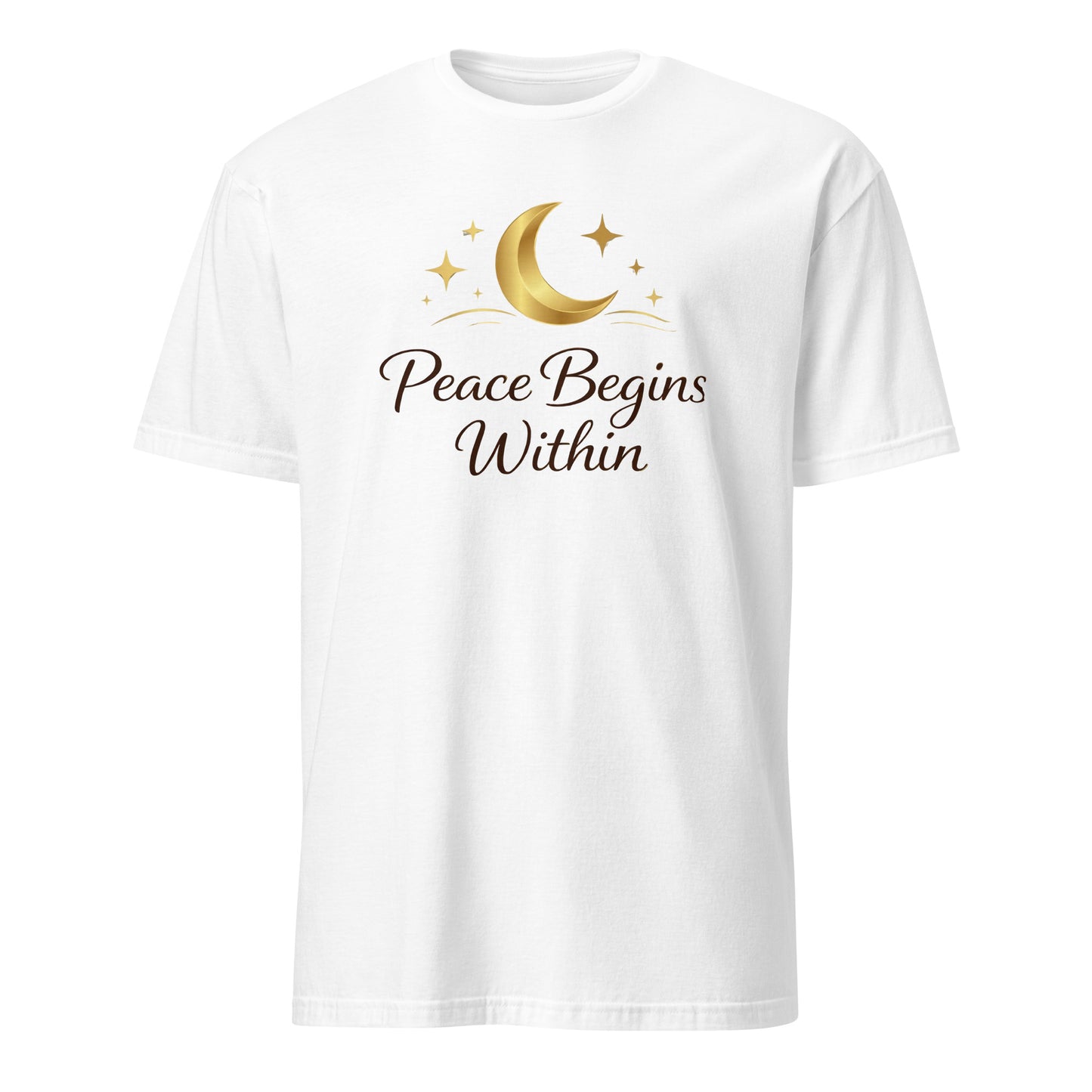 Front view of White Peace Begins Within Spiritual Tee by Enlight Me Center
