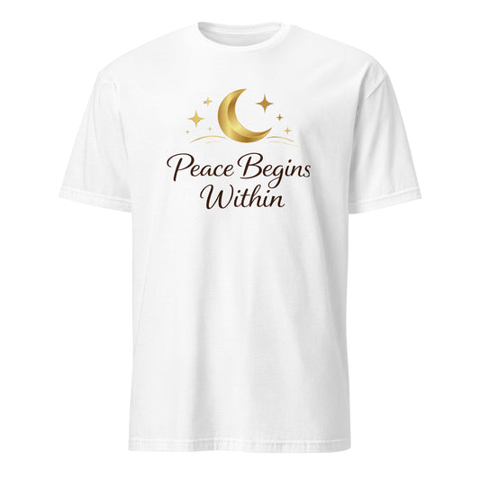 Front view of White Peace Begins Within Spiritual Tee by Enlight Me Center
